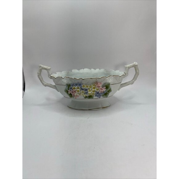 Antique Lefton Oval Bowl W/ Handles, Raised Flowers No Chips - Picture 6 of 7